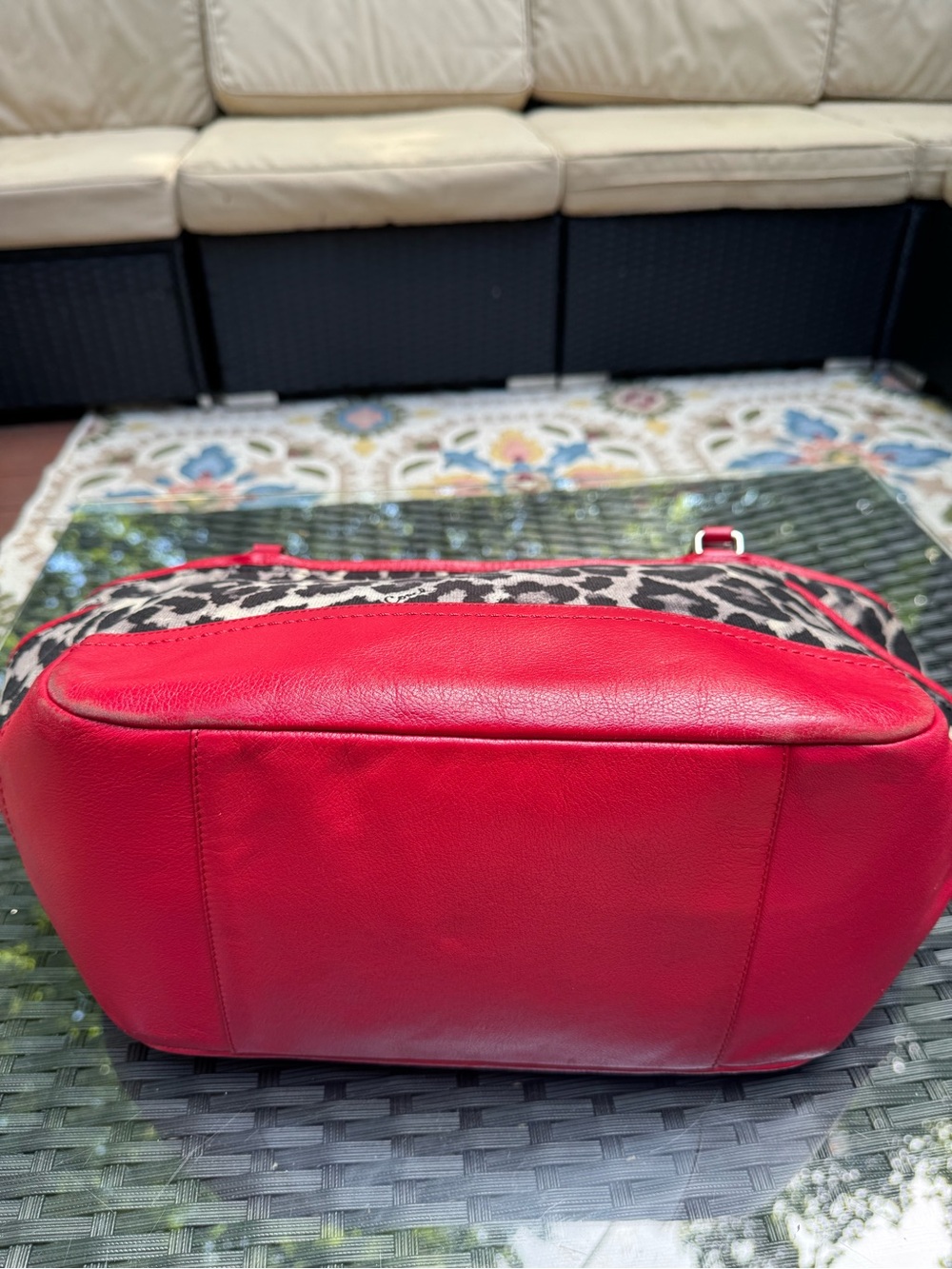 Coach Park Ocelot Leopard Print Canvas Tote Red Leather Shoulder Bag - Picture 5 of 7